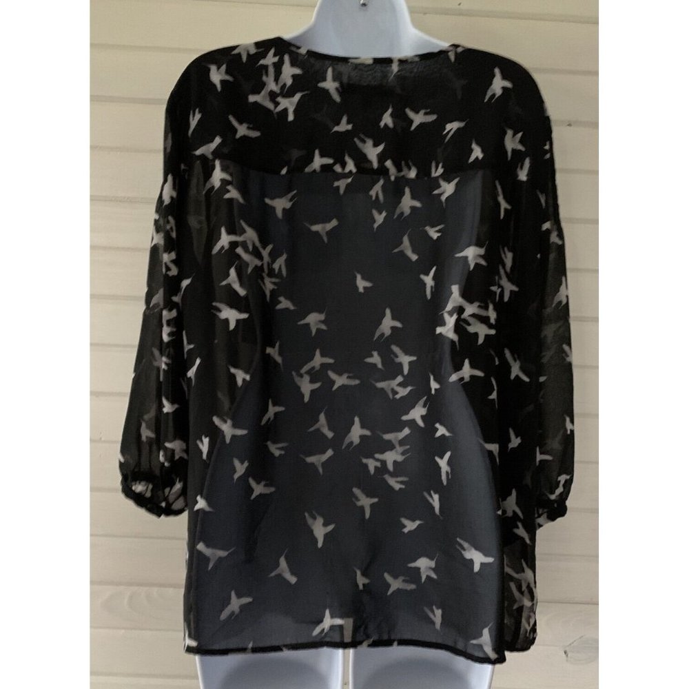 Sejour Blouse Sz 14W Plus Black Ivory Birds Pintucked Button Front Sheer VGUC - Picture 7 of 10